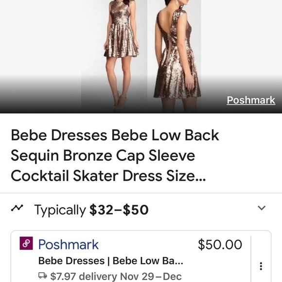 Bebe Bronze Low Back Sequin Cap Sleeve Mini Dress XS - Picture 2 of 10